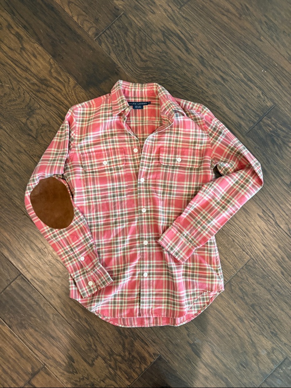 Ralph Lauren Pink Plaid Button-Down Shirt with Brown Elbow Patches